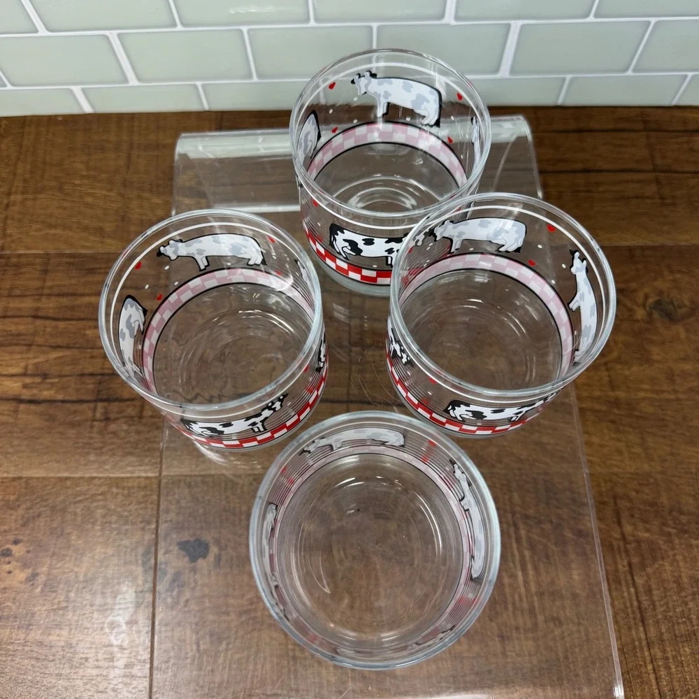 Vintage Libbey Cow Glasses Set of 4 Red Checkered Hearts Juice Rocks READ Flaws